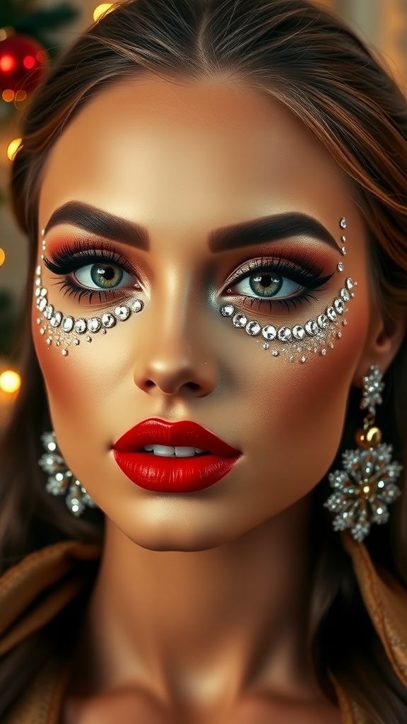 Glamorous Christmas makeup with rhinestones around the eyes, featuring bold red lips and festive colors.